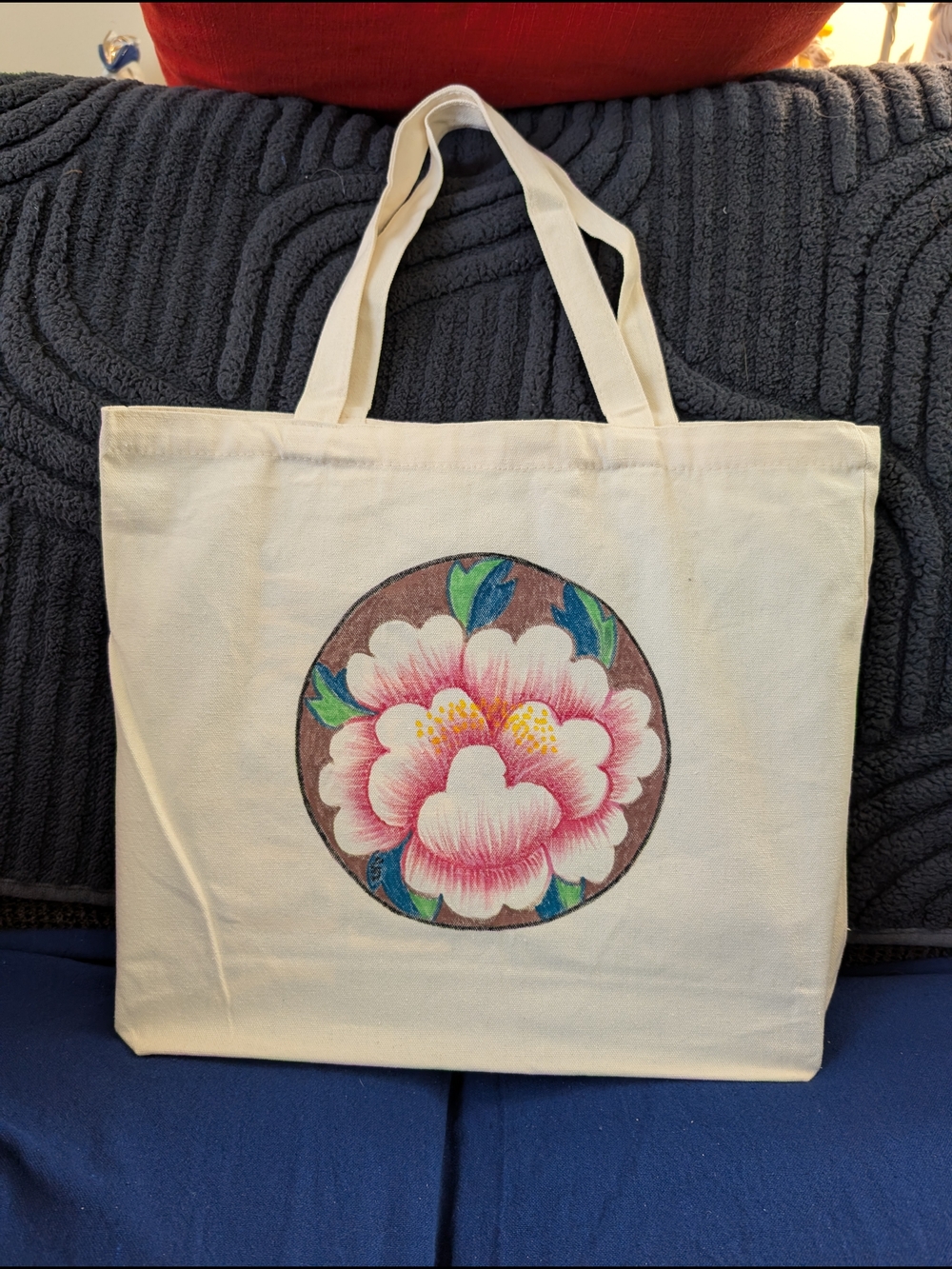 Hand paint Cream Canvas Tote Bag with Pink Floral